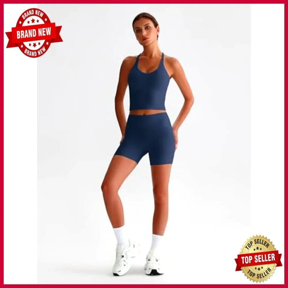 Cross Back Sports Bra Tank High Waist Biker Shorts 2 Piece Workout Set_4